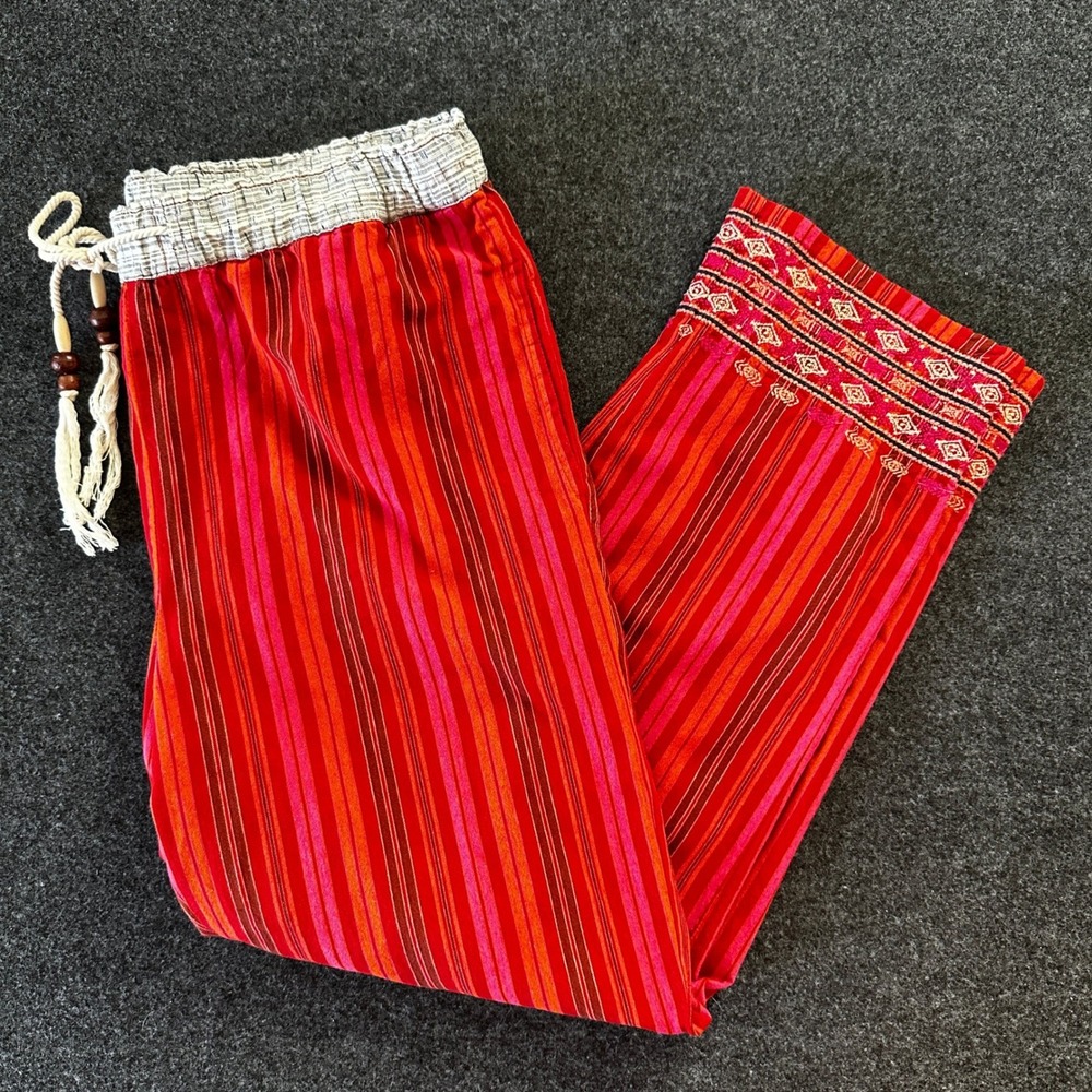 Sundance Womens Medium Red Striped Embroidered Hem Boho Straight Leg Pants